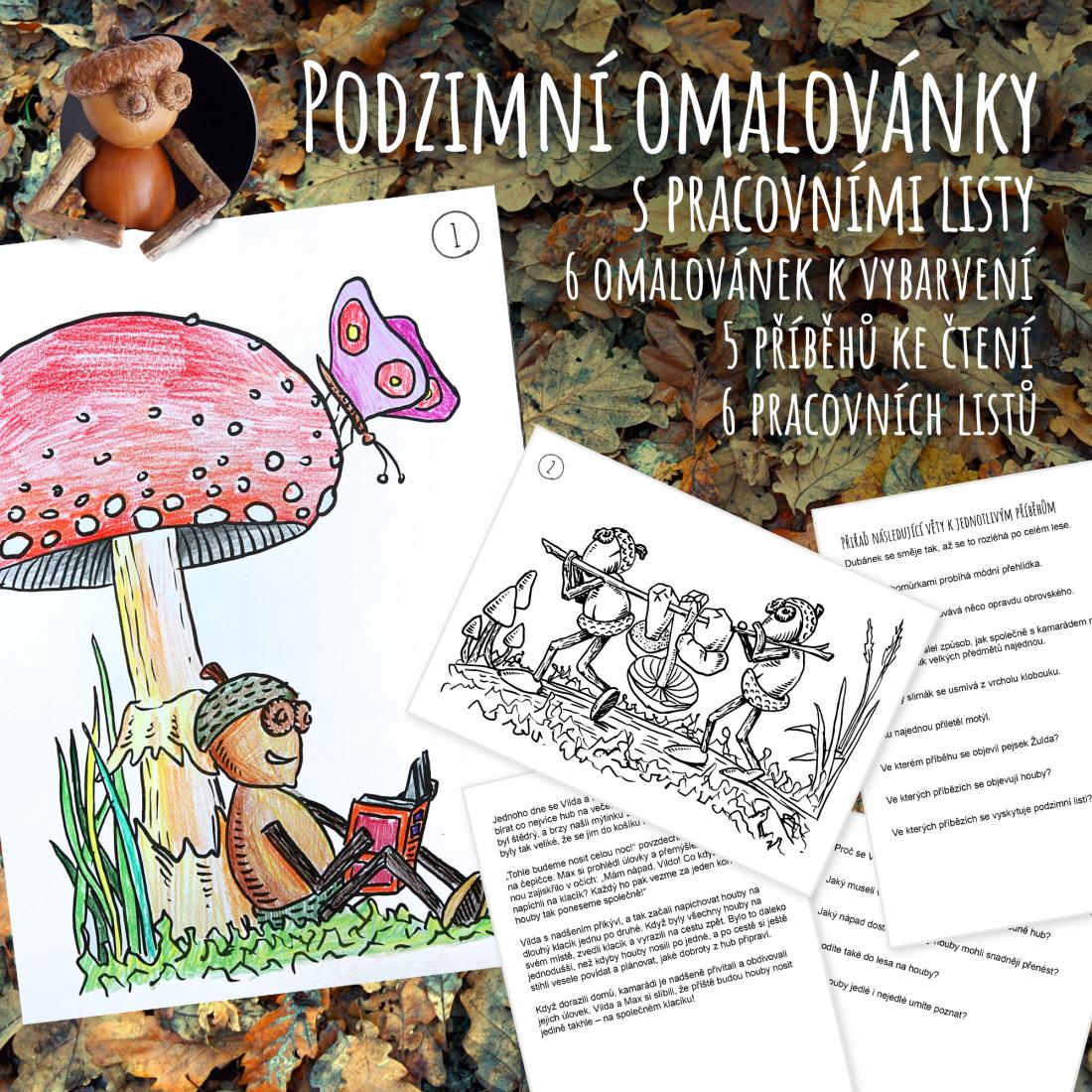 Podzimní omalovánky s pracovními listy na porozumění čtenému textu