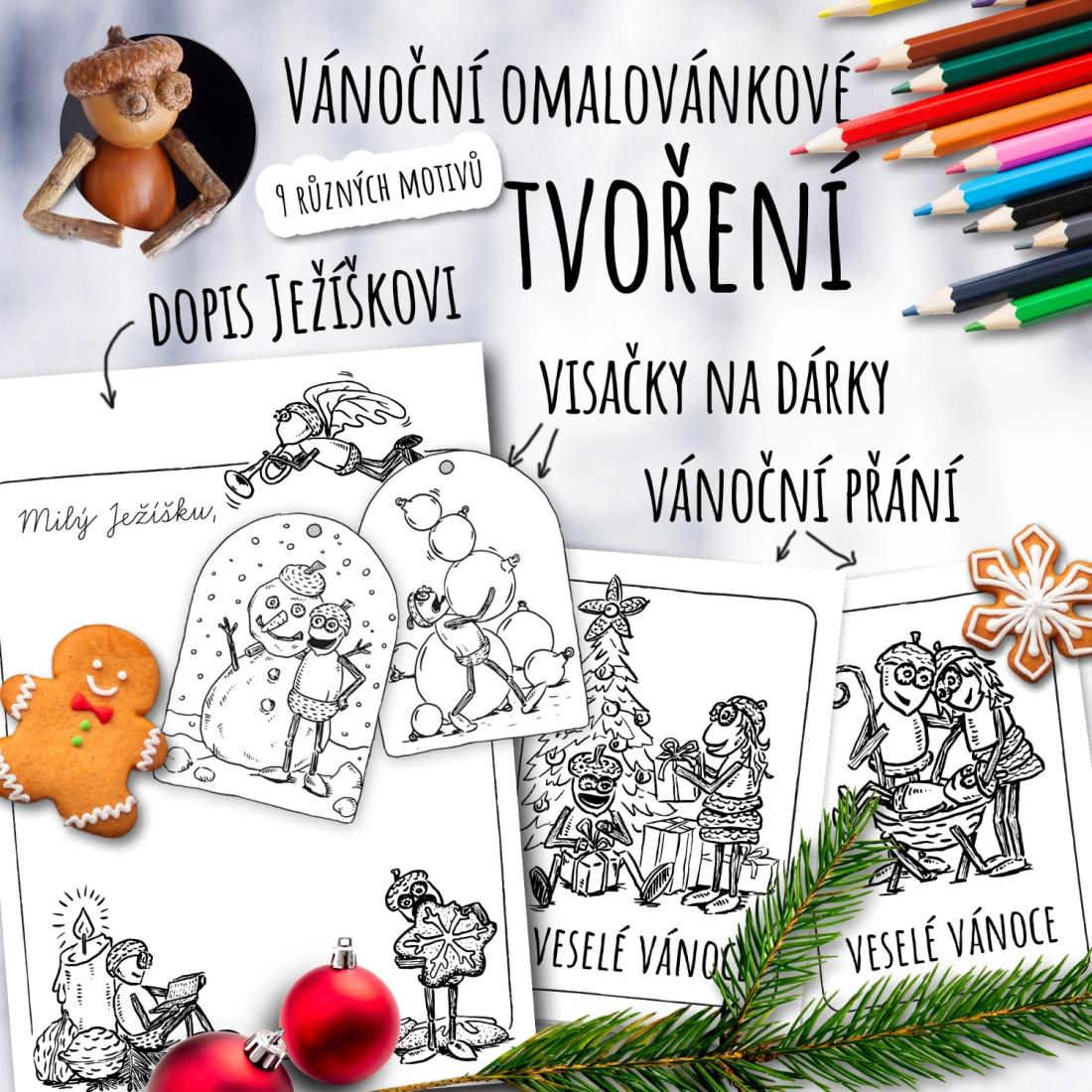 Vánoční omalovánkové tvoření: přání, visačky a dopis Ježíškovi