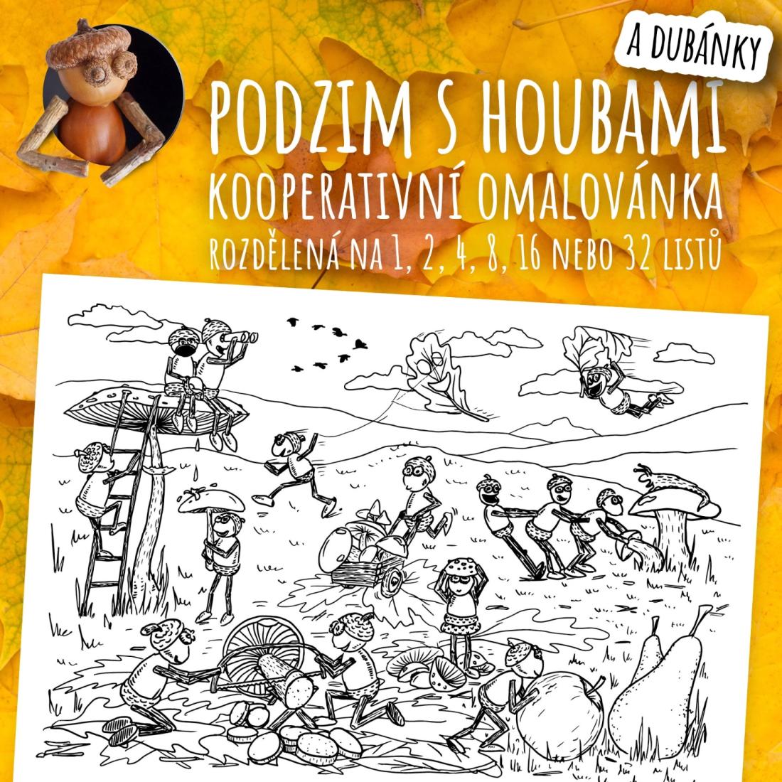 Podzim s houbami a dubánky - kooperativní obraz - omalovánka