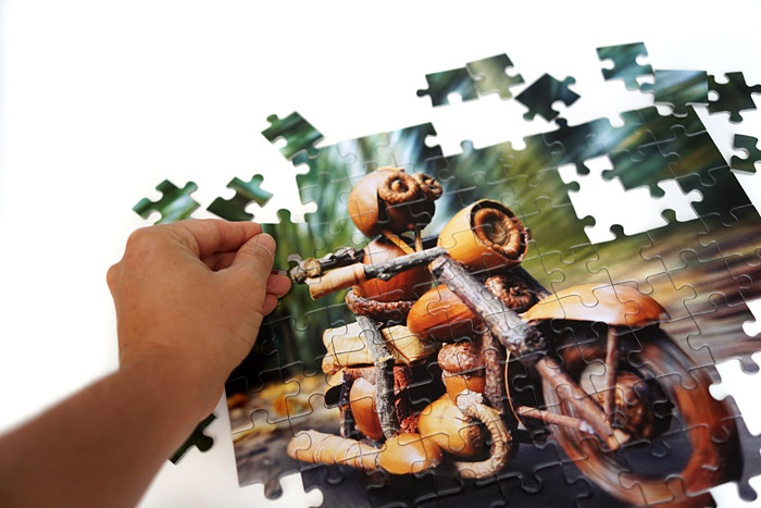 Ukázka puzzle s dubánkem motorkářem